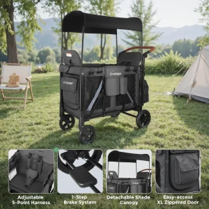 Outdoor camping stroller, foldable 2-seater baby stroller with shock absorption, detachable sunshade, for autumn outings