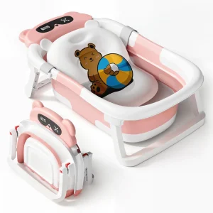 Foldable Baby Bathtub With Drain Hole, Thermometer and Cushion