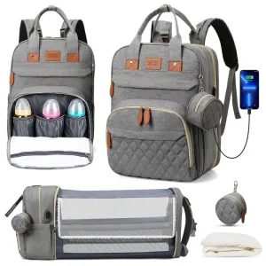 3 In 1 Diaper Bag Backpack and Foldable Changing Bed with USB Charger